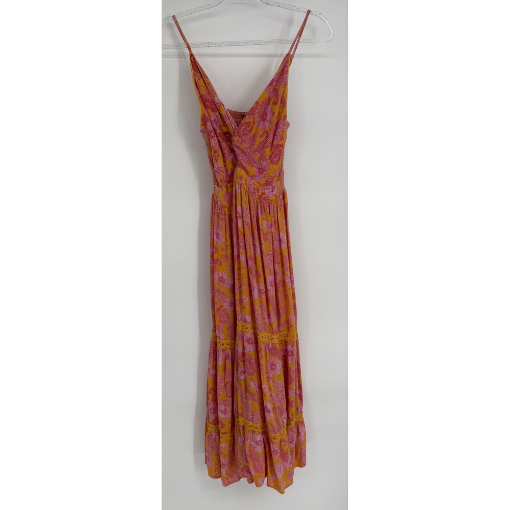 Angie Womens Pink Orange Floral Paisley Maxi Dress Tiered‎ Lace Smocked Sz M